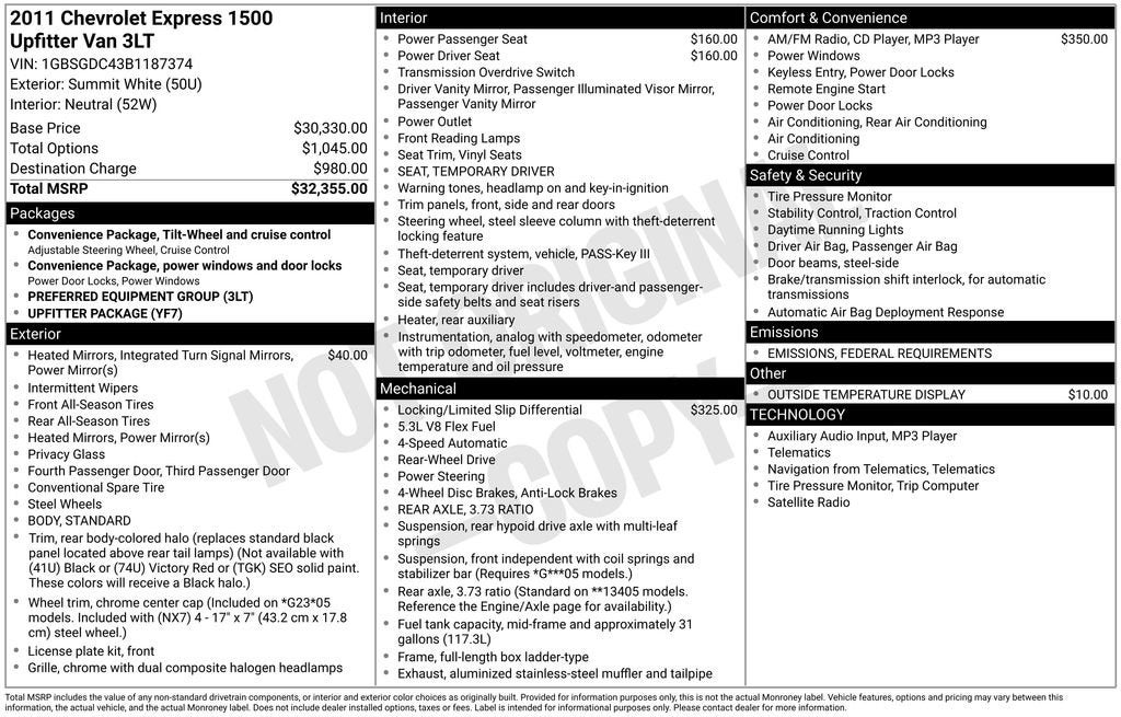 2011 Chevrolet Express Cargo 1500 YF7 Upfitter
